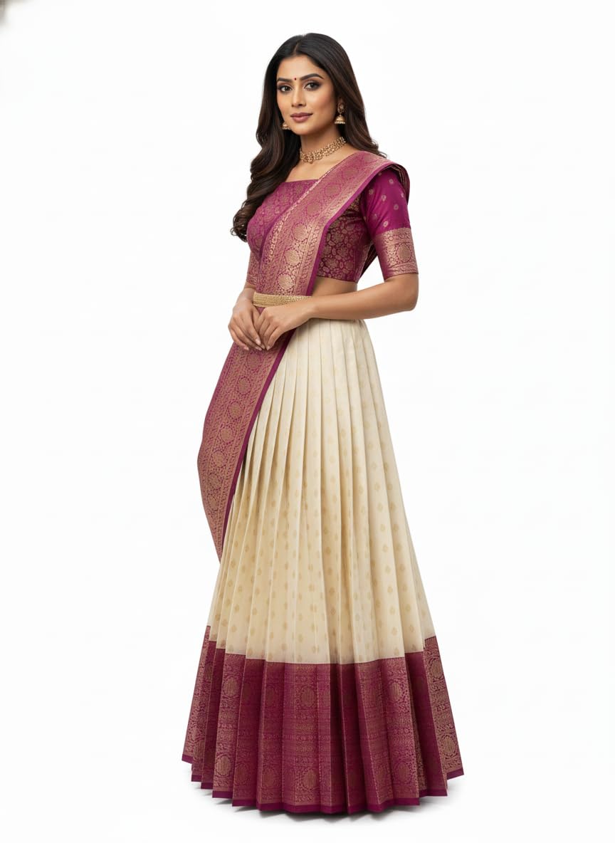 RENVAANI Women's Traditional Kanjivaram Kanchipuram Silk Zari Weaving Unstitched Lehenga Choli with Dupatta