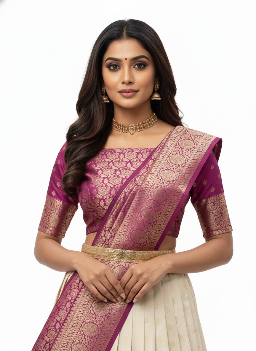 RENVAANI Women's Traditional Kanjivaram Kanchipuram Silk Zari Weaving Unstitched Lehenga Choli with Dupatta