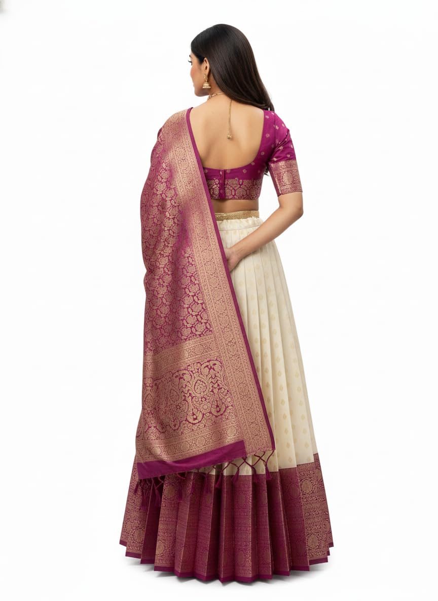 RENVAANI Women's Traditional Kanjivaram Kanchipuram Silk Zari Weaving Unstitched Lehenga Choli with Dupatta